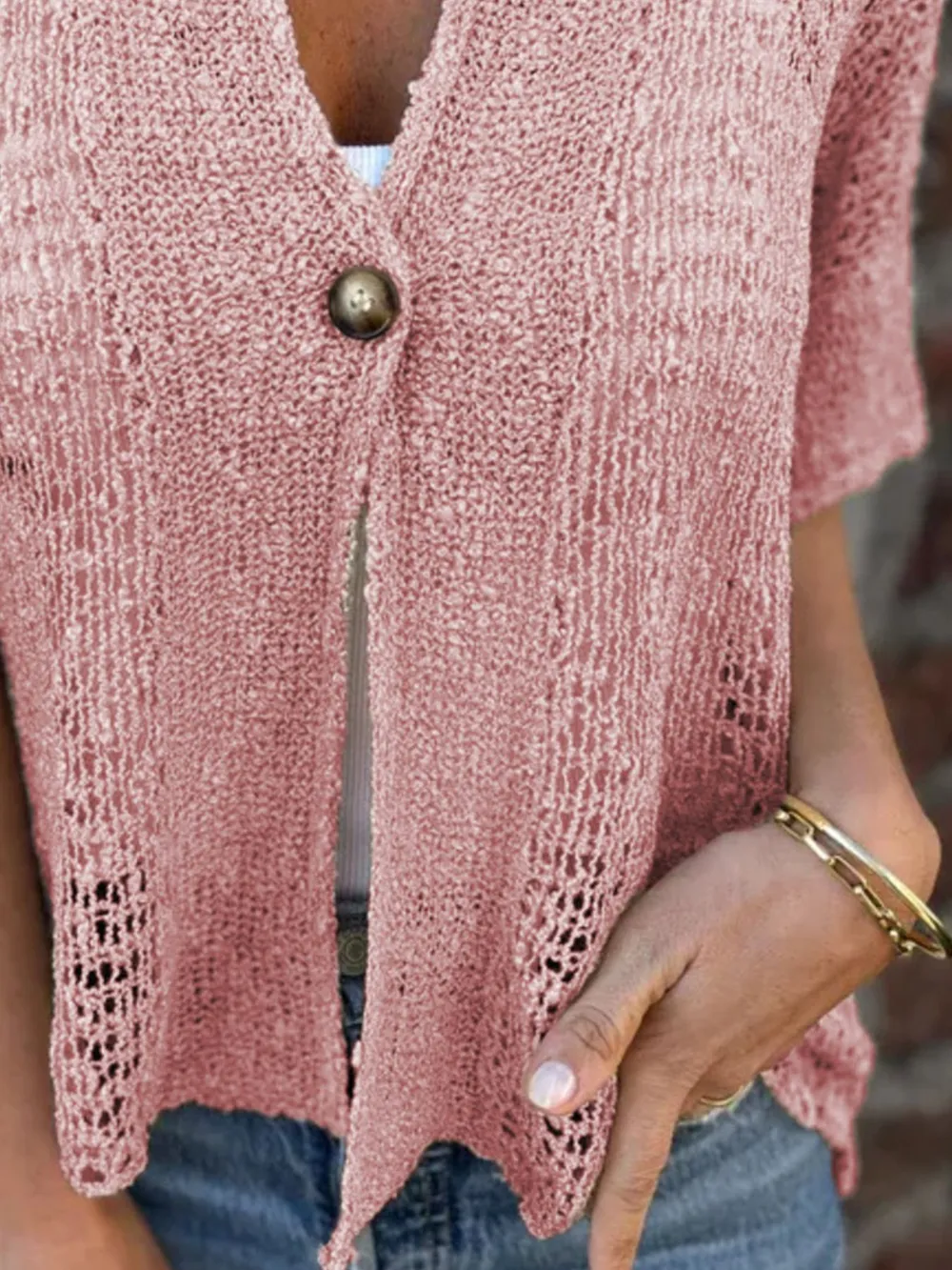 Full Size One Button Half Sleeve Cardigan Plus Size, image 8