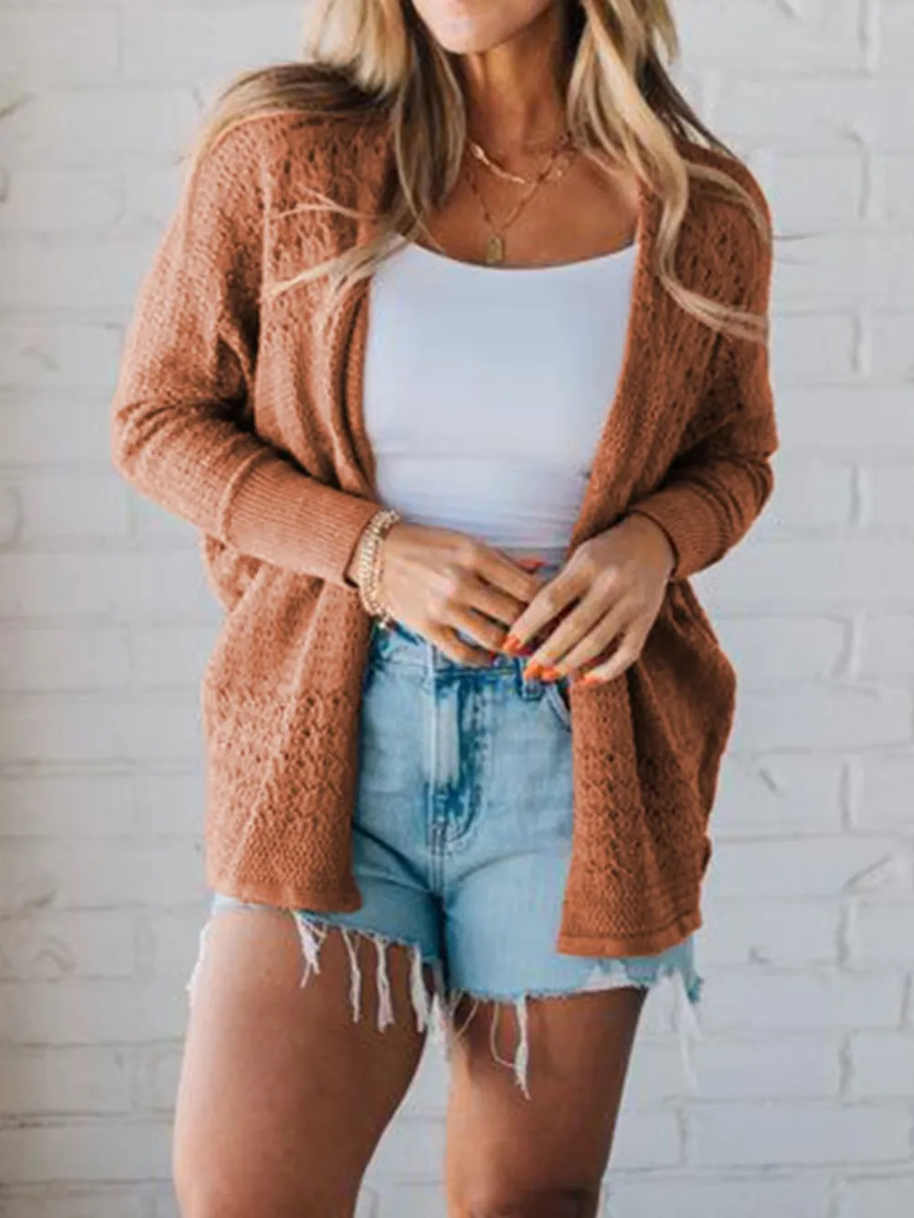 Open Front Knitted Cardigan with Eyelet Details, image 5