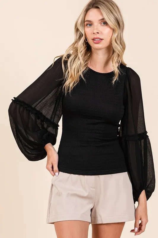 Mixed Media Textured Knit Chiffon Long Sleeve Top, image 4