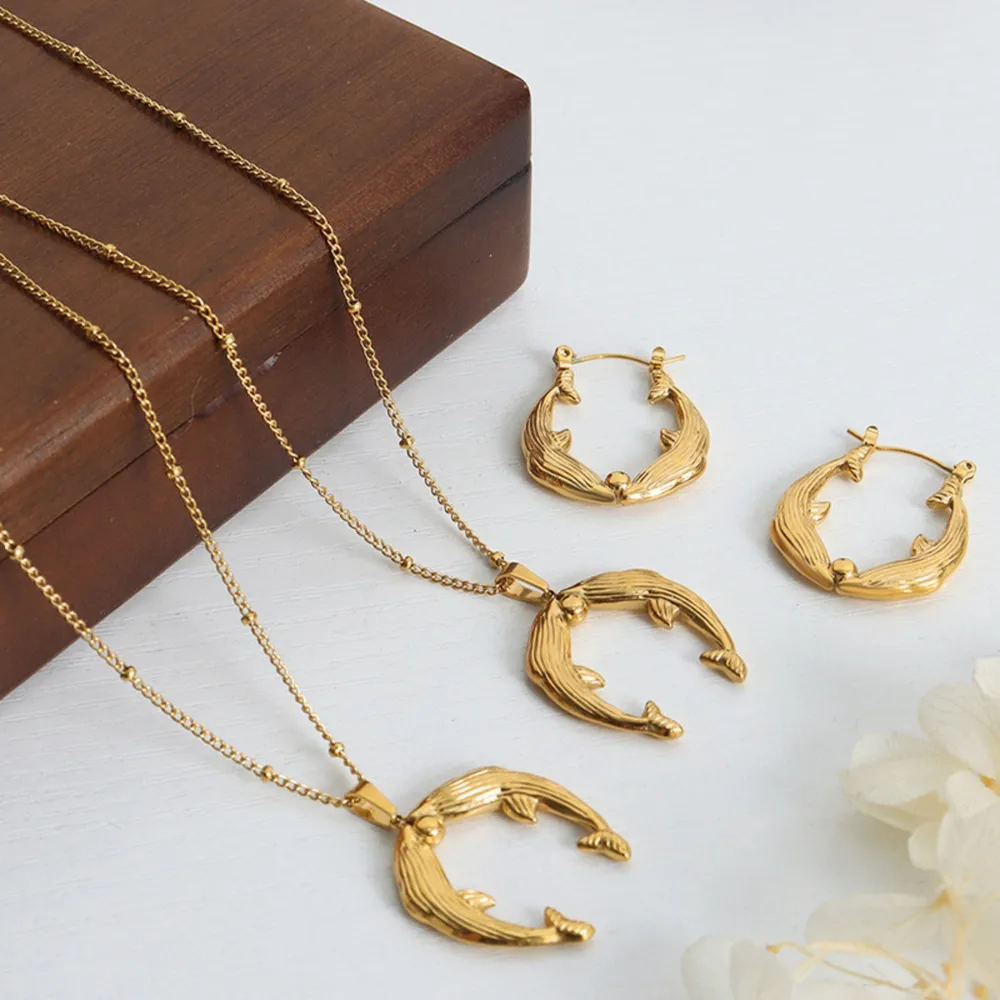 Gold Dolphin Jewelry Set with Necklace and Earrings