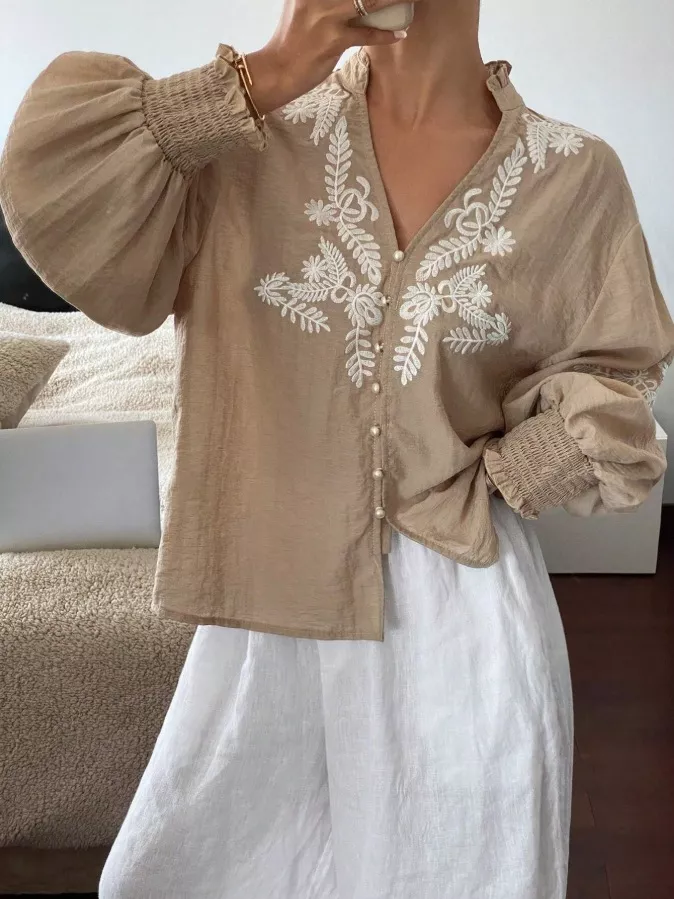 Embroidered Notched Long Sleeve Blouse, image 28