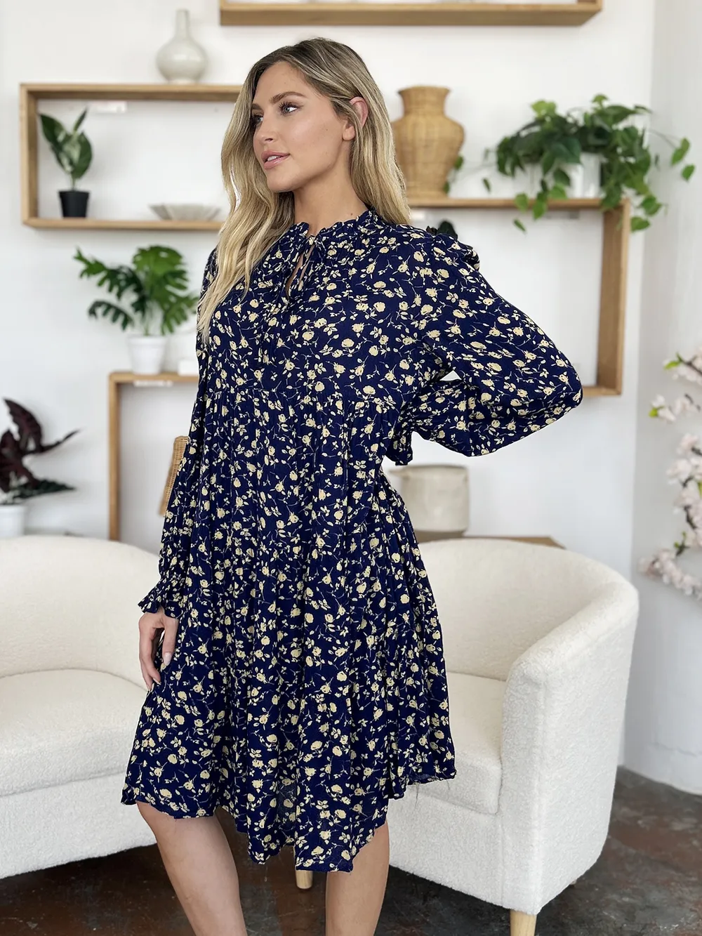 Full Size Printed Ruffle Hem Long Sleeve Tiered Dress, image 14