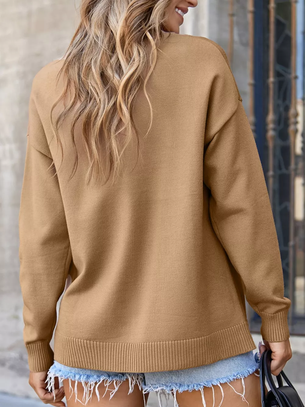 Center Seam Drop Shoulder Pullover Solid Sweater, image 4