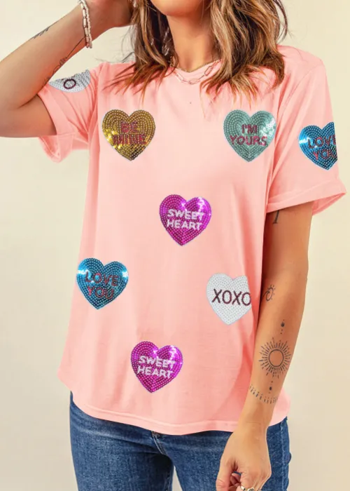 Valentine’s Day Sequin Heart Round Neck Short Sleeve T-Shirt, image 3