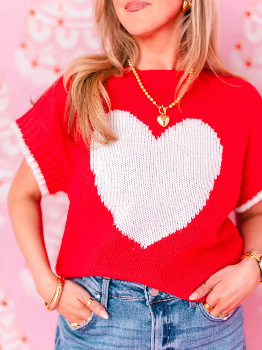 Heart Round Neck Short Sleeve Sweater, image 2