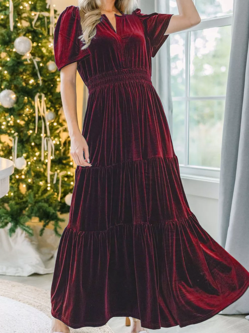 Velvet Tiered Short Sleeve Maxi Dress, image 7