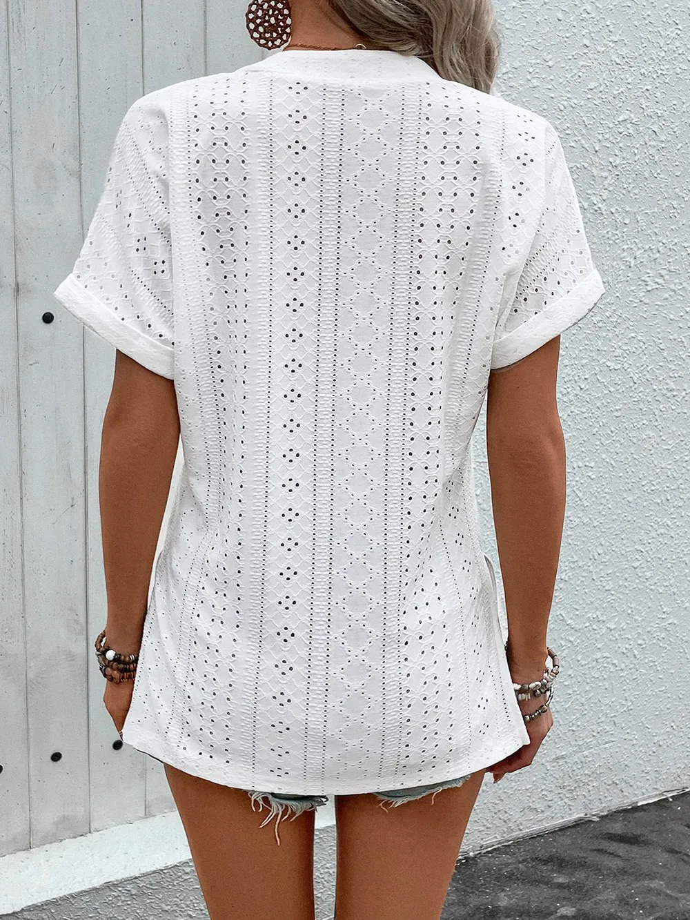 Eyelet Notched Short Sleeve Blouse, image 5