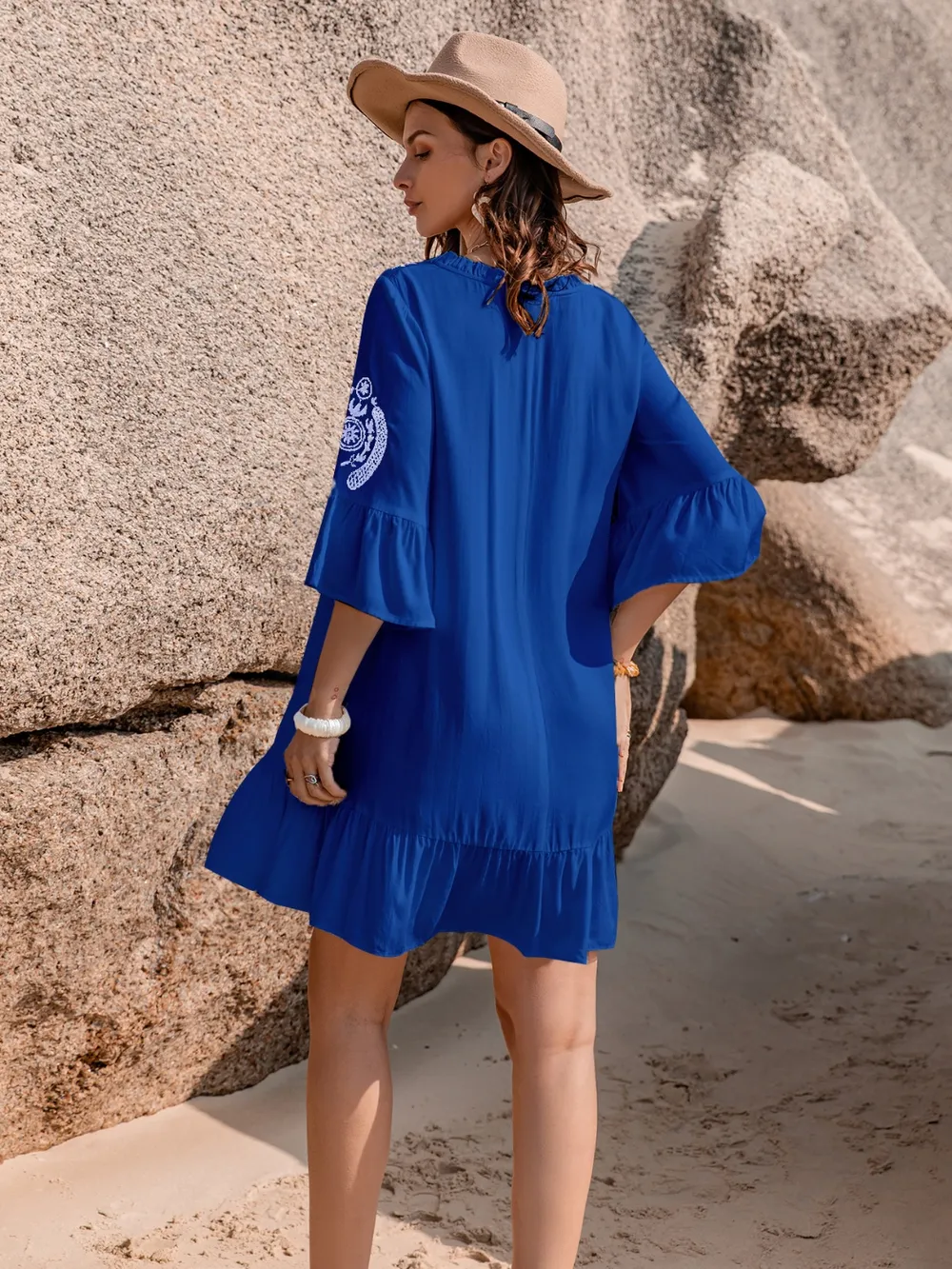 Printed Tie Neck Flounce Sleeve Mini Dress, image 13