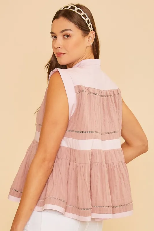 Contrast Trim Peplum Button Detail Blouse, image 3