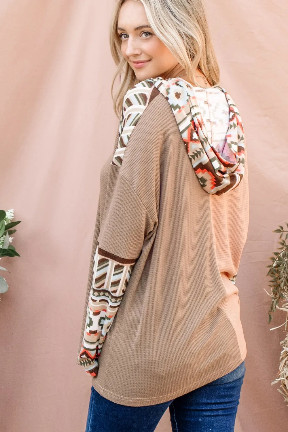 Printed Color Block Hooded Waffle Top, image 2