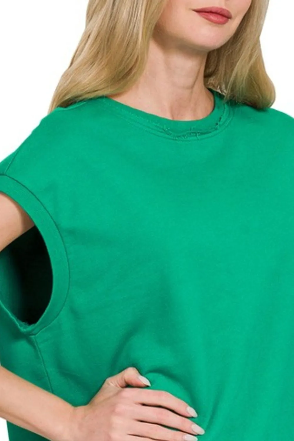 French Terry Round Neck Cap Sleeve T-Shirt, image 2