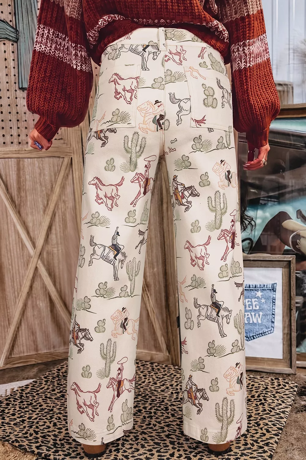 Western Print Straight Leg Ankle-Length Pocket Jeans, image 2