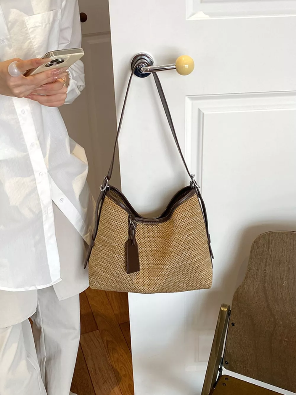 Leather Trim Woven Shoulder Bag, image 2