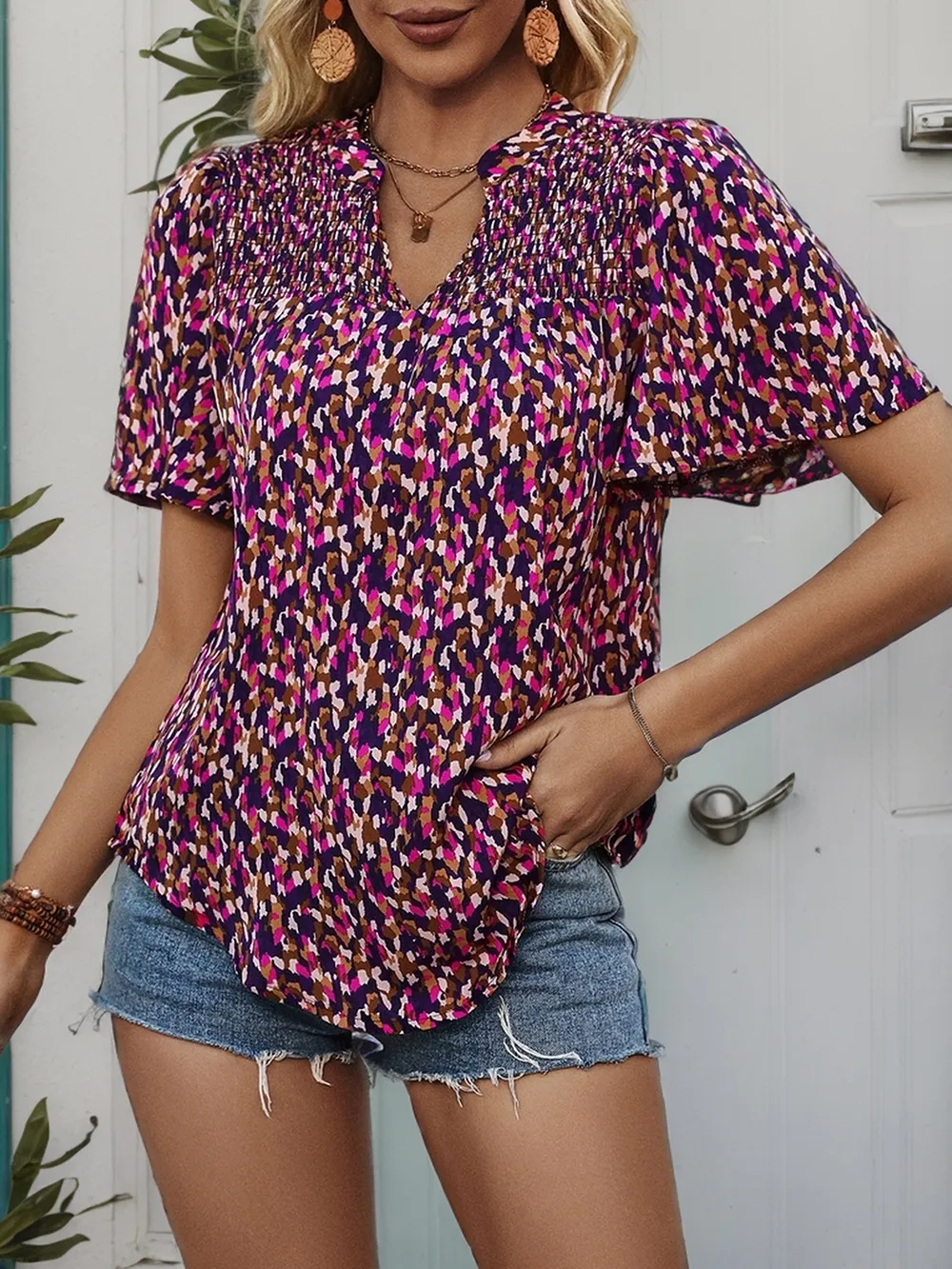 Printed Notched Flutter Sleeve Blouse, image 5