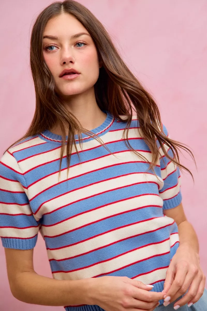 Stripe Knit Crew Neck Short Sleeves Sweater Top, image 8