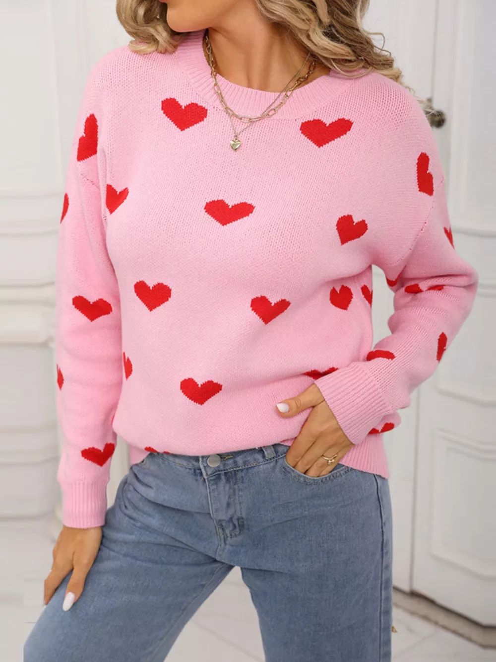 Valentine's Day Heart Pattern Dropped Shoulder Sweater, image 8