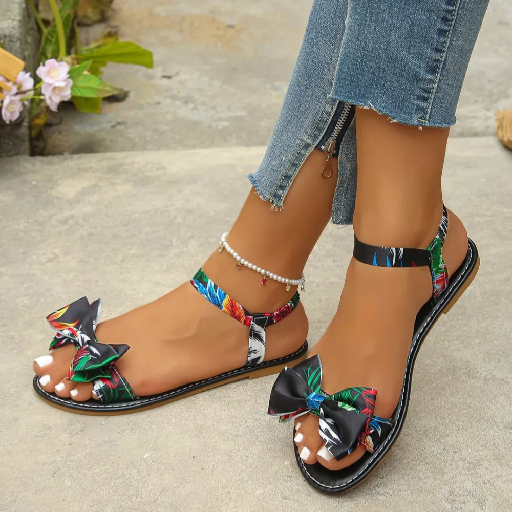 Floral Bowknot Ankle Strap Flat Sandals, image 2