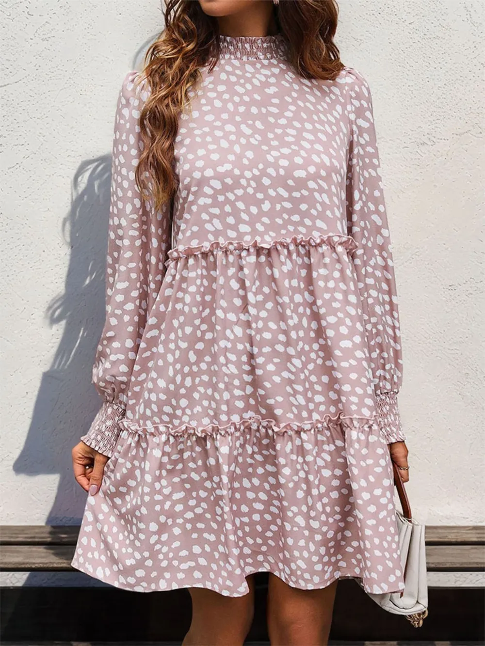 Frill Printed Mock Neck Long Sleeve Mini Dress, image 11