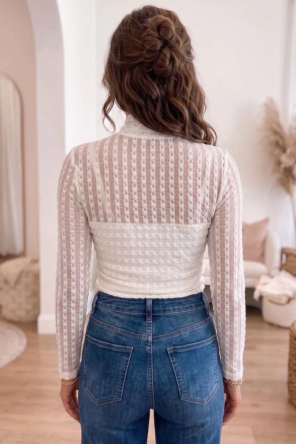 Mock Neck Sheer Lace Long Sleeve Blouse, image 2