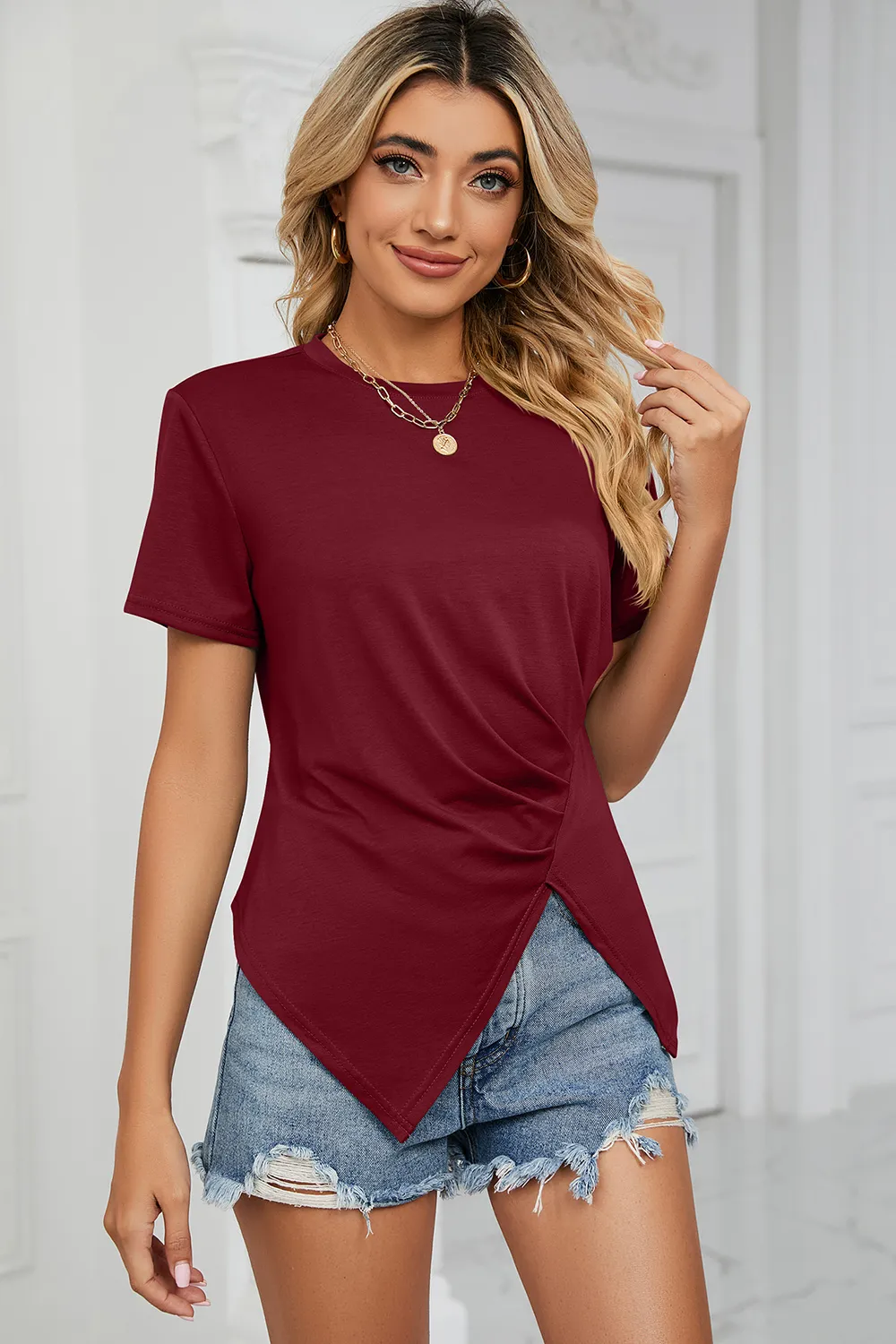 Ruched Round Neck Short Sleeve T-Shirt, image 10