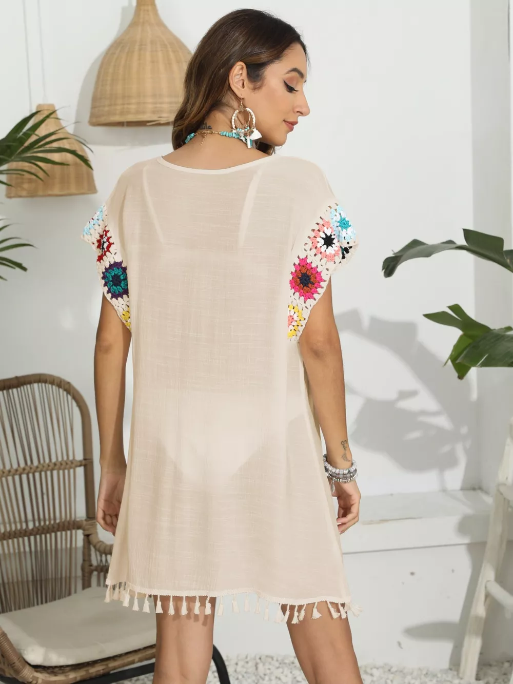 Tassel Boat Neck Flutter Sleeve Cover Up, image 12