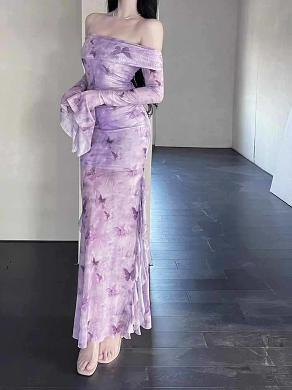 Butterfly Print Off-Shoulder Mesh Mermaid Dress, image 6