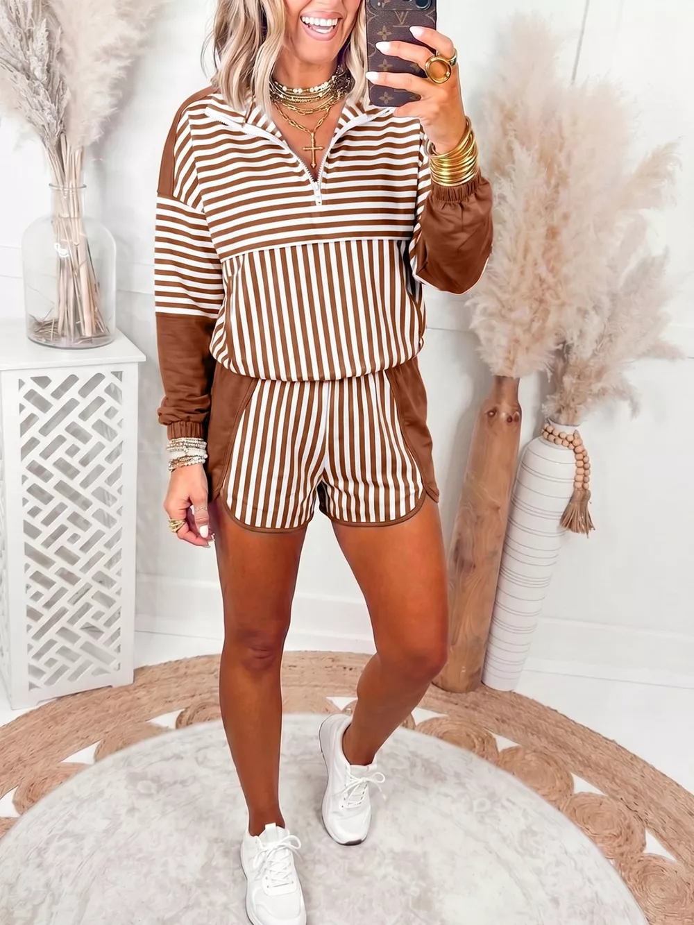 Stripe Color Block Patchwork Quarter Zip Pullover Sporty Shorts Set, image 2
