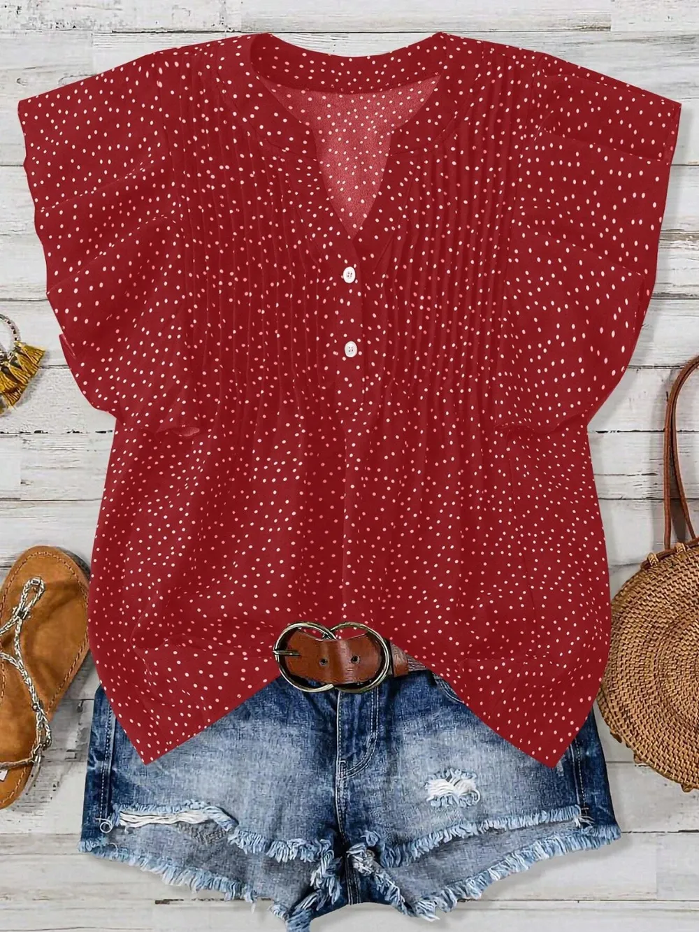 Polka Dot Notched Ruffled Cap Sleeve Blouse, image 17