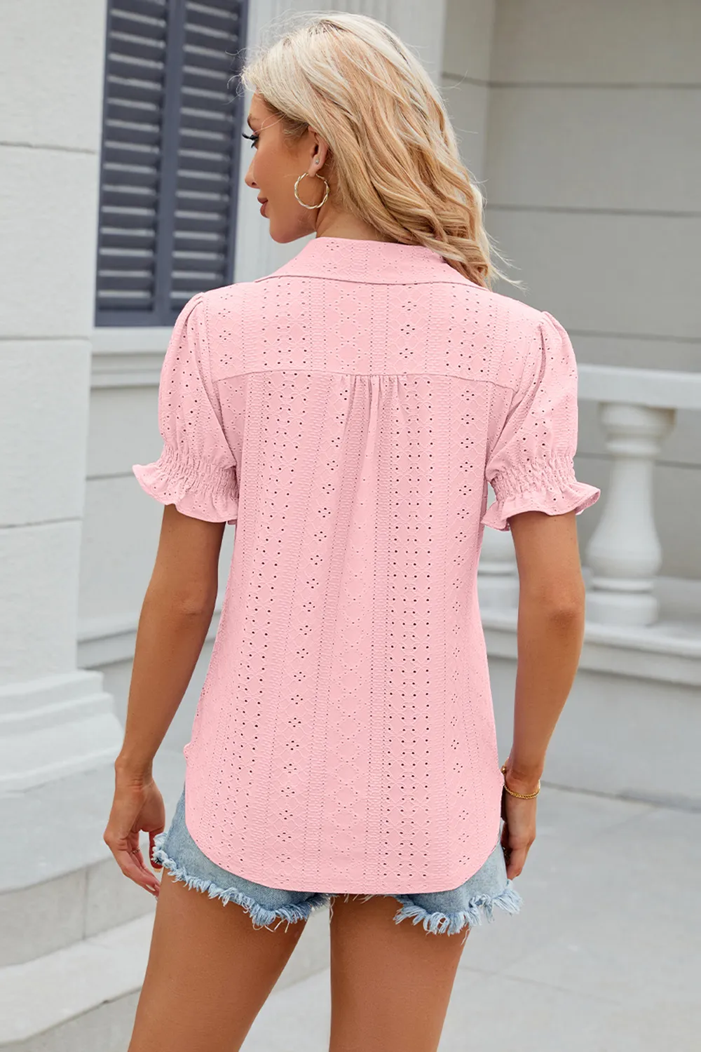 Eyelet Johnny Collar Short Sleeve Blouse, image 9