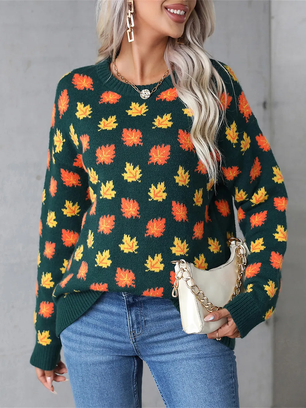 Maple Leaf Round Neck Long Sleeve Sweater, image 7