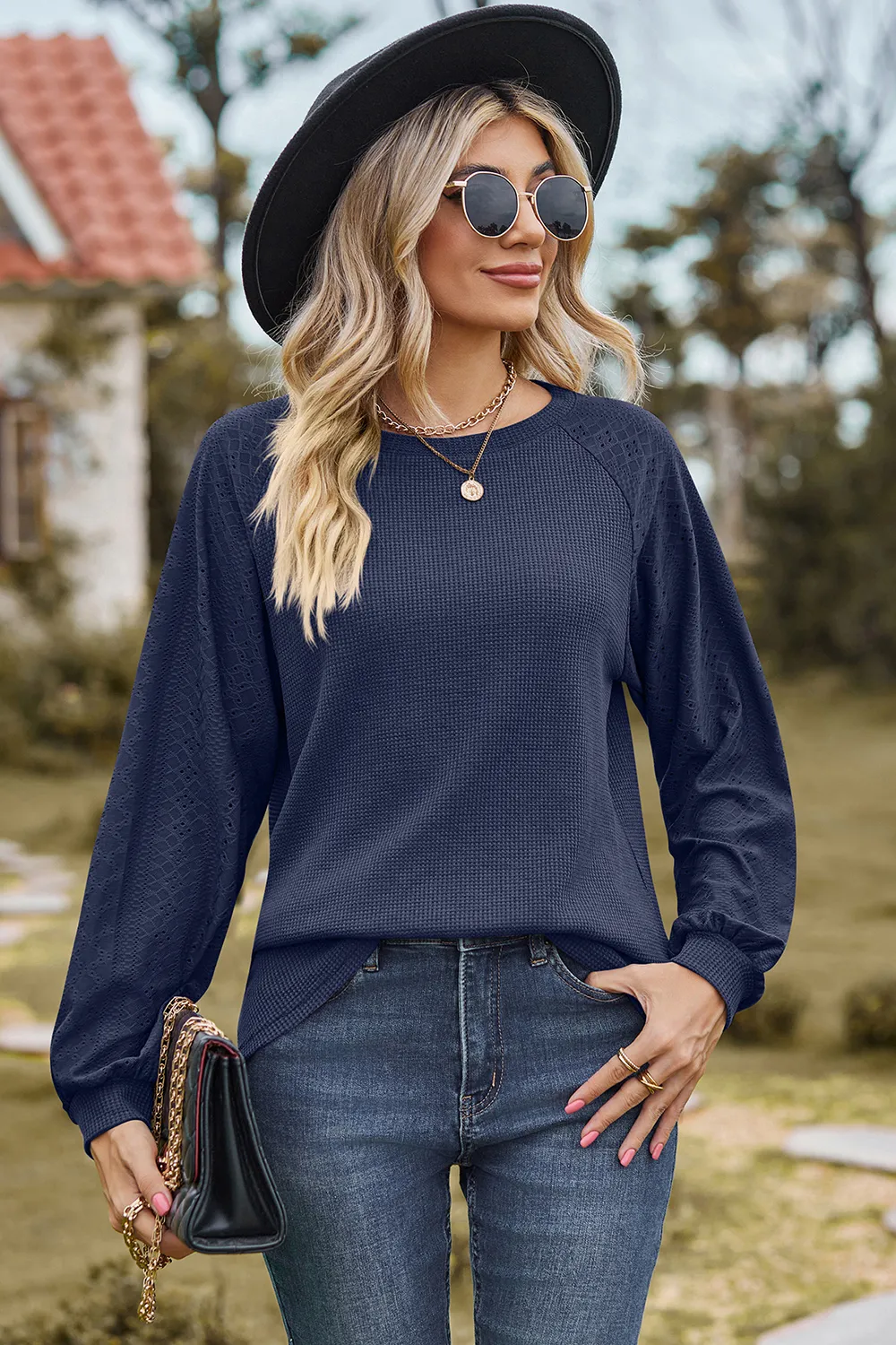Eyelet Round Neck Long Sleeve T-Shirt, image 5