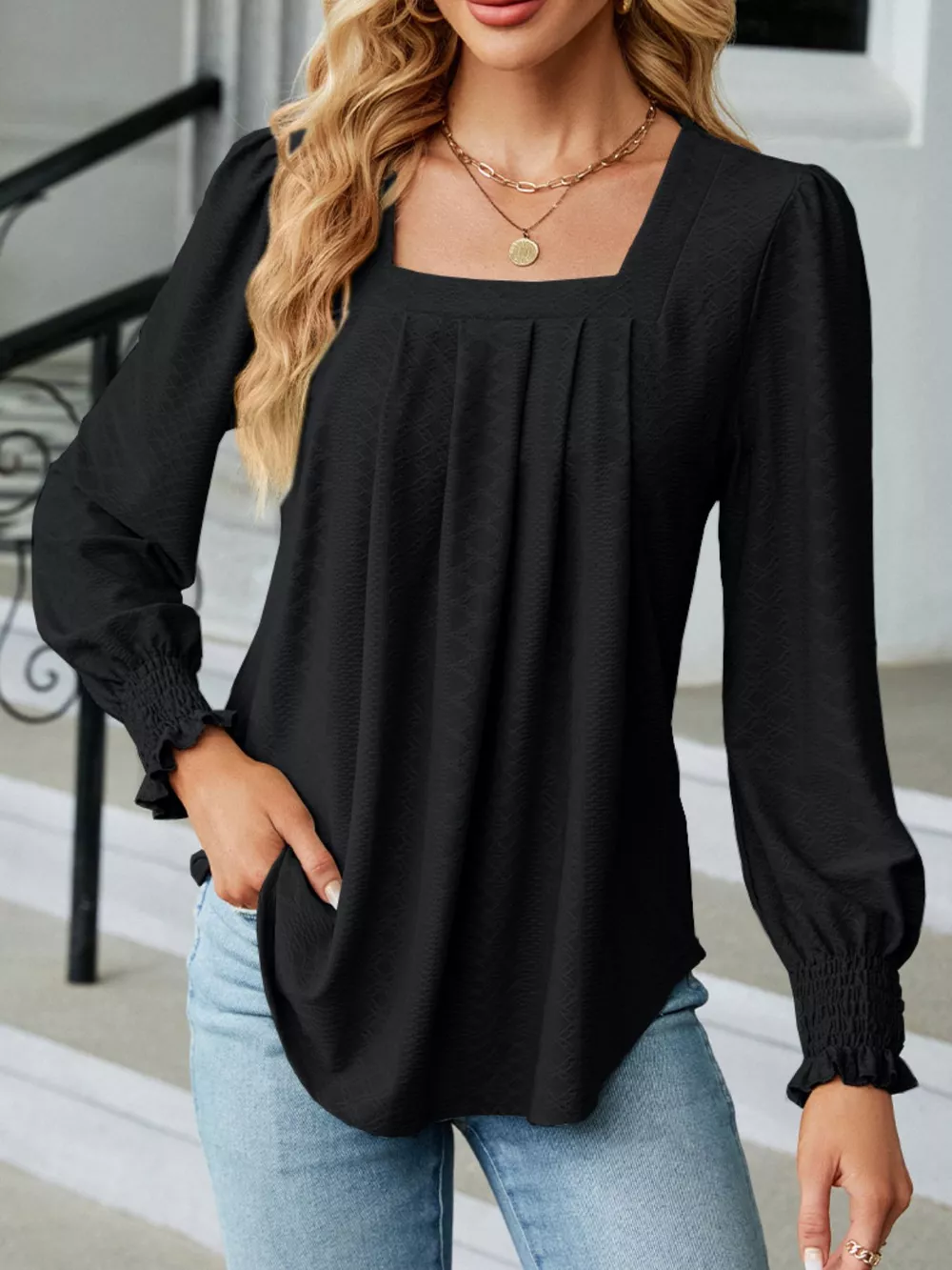Pleated Square Neck Long Sleeve Top