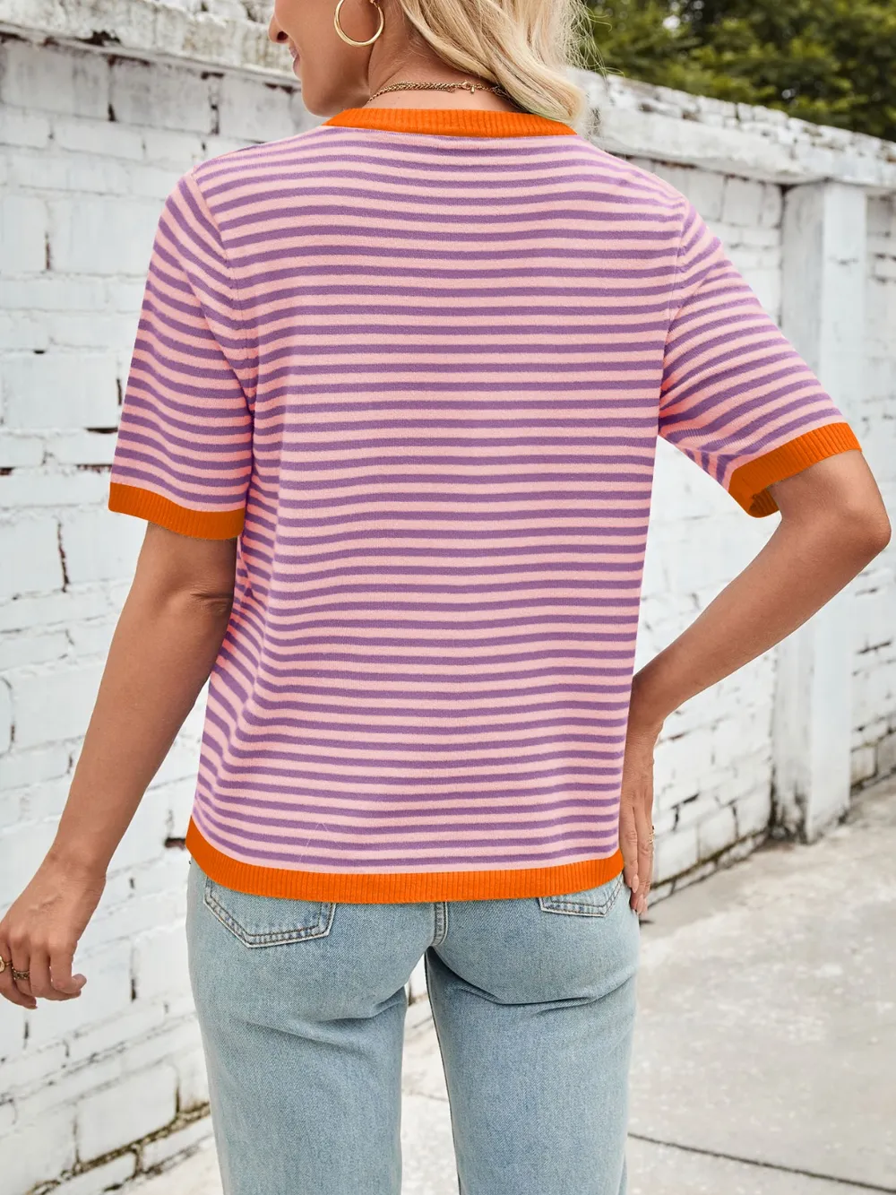 Striped Contrast Round Neck Half Sleeve Knit Top, image 12