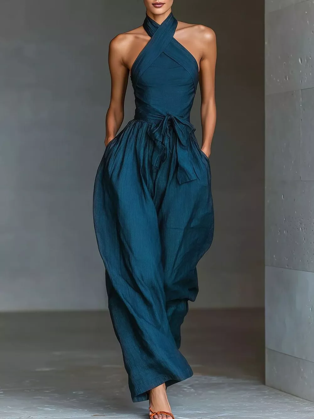 Halter Neck Wide-Leg Jumpsuit with Waist-Tie Detail, image 5
