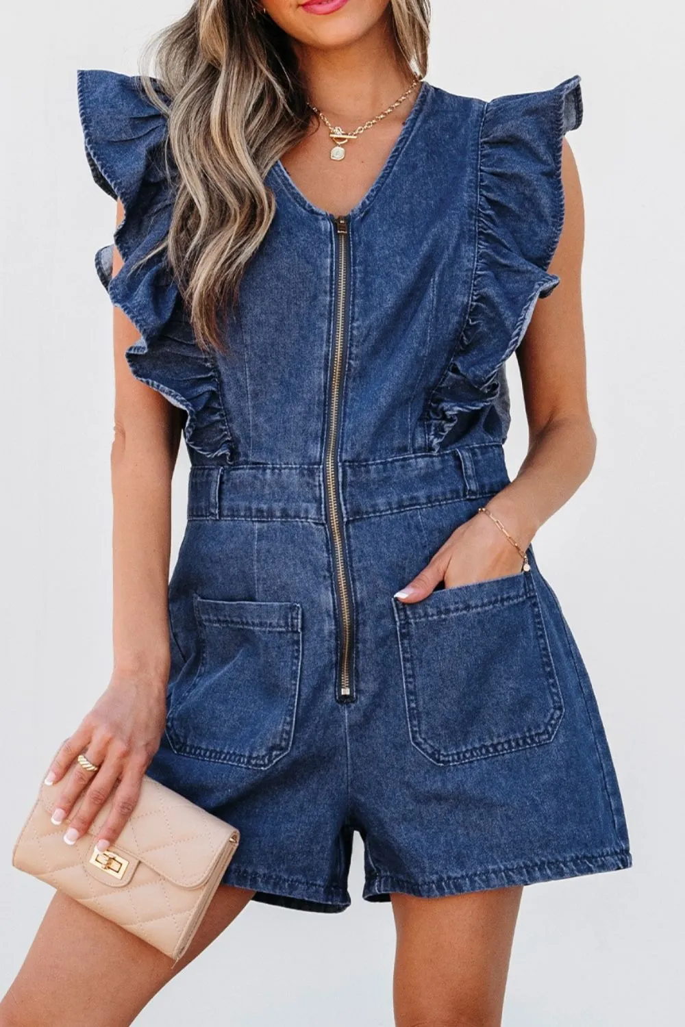 Denim Ruffled Zipped Front Belted Romper, image 10