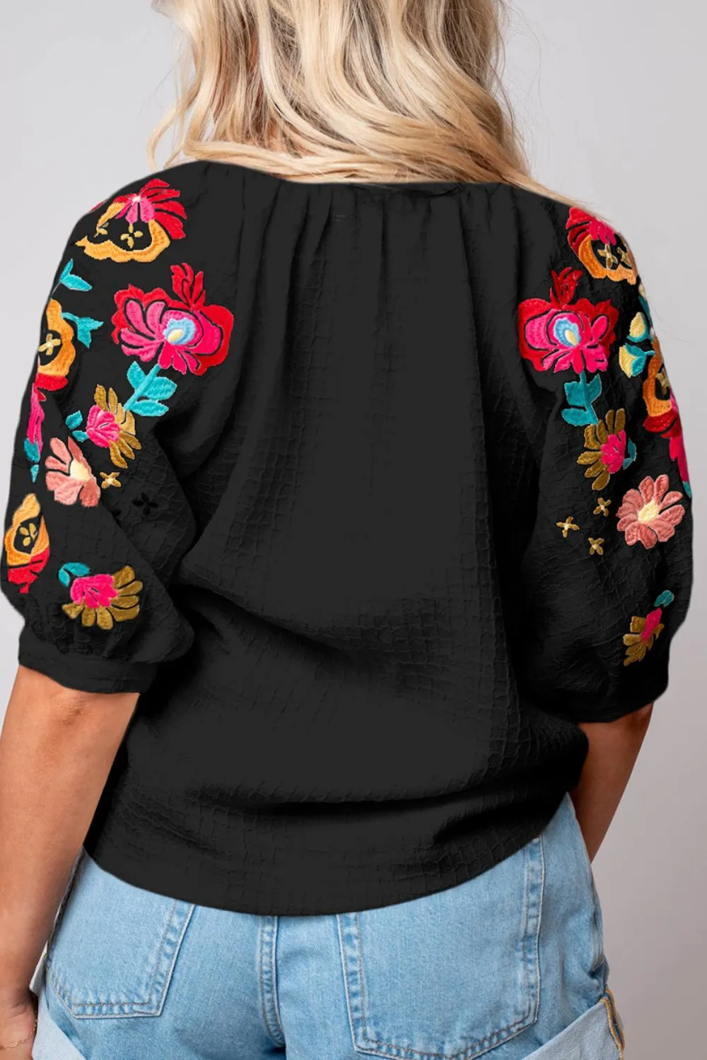 Floral Embroidered Notched Puff Sleeve Blouse, image 12