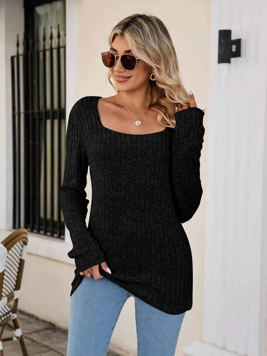Ribbed Square Neck Long Sleeve T-Shirt, image 8