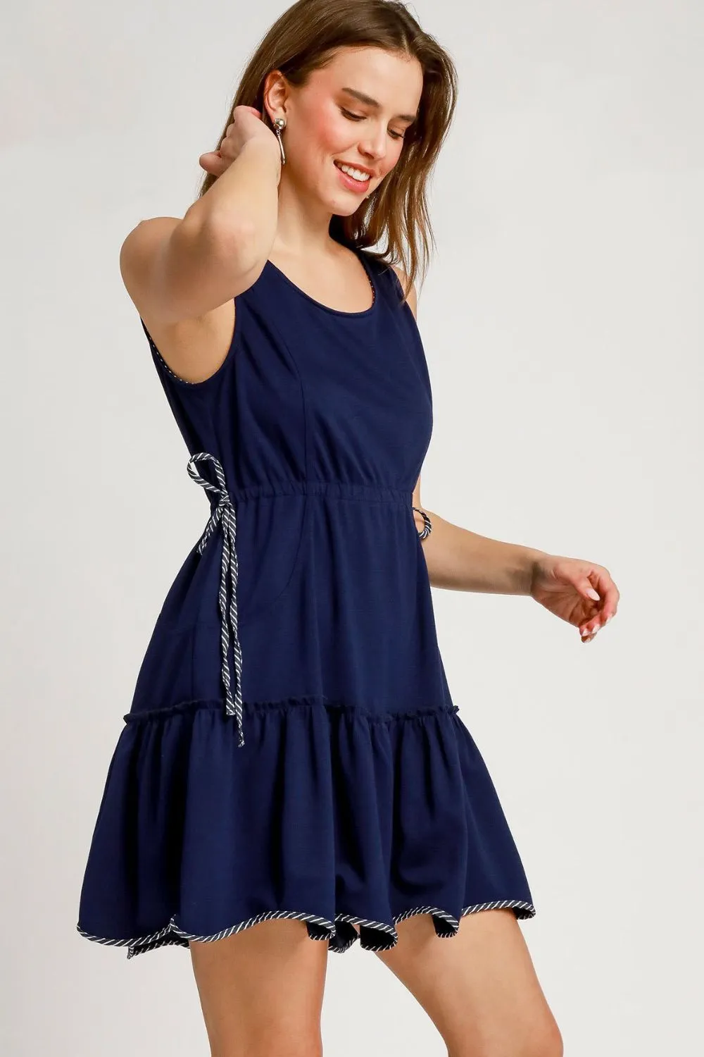 Frill Drawstring Waist Round Neck Mini Tank Dress, image 3