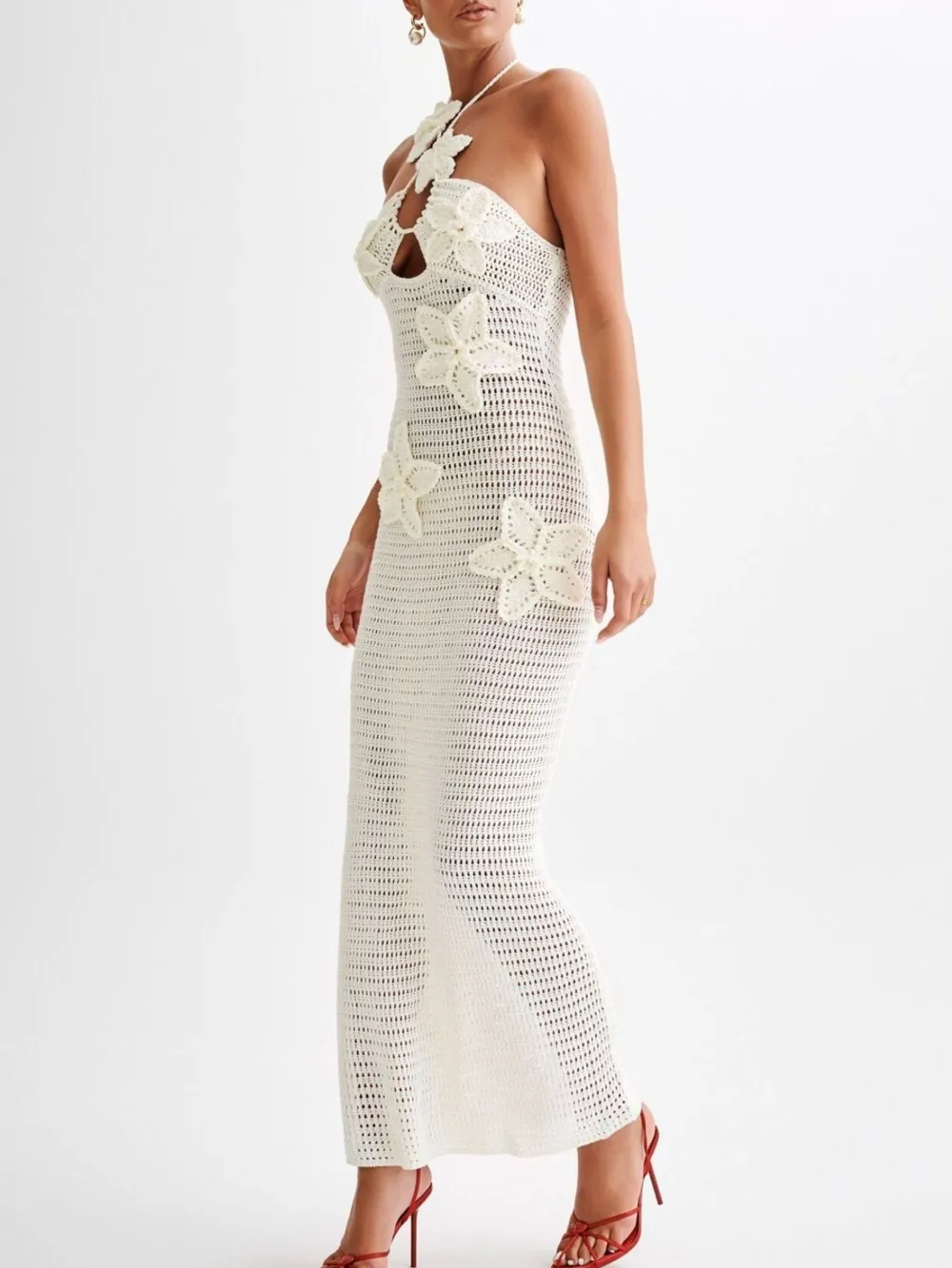 Crochet Floral Halter Knit Cover Up Dress, image 12