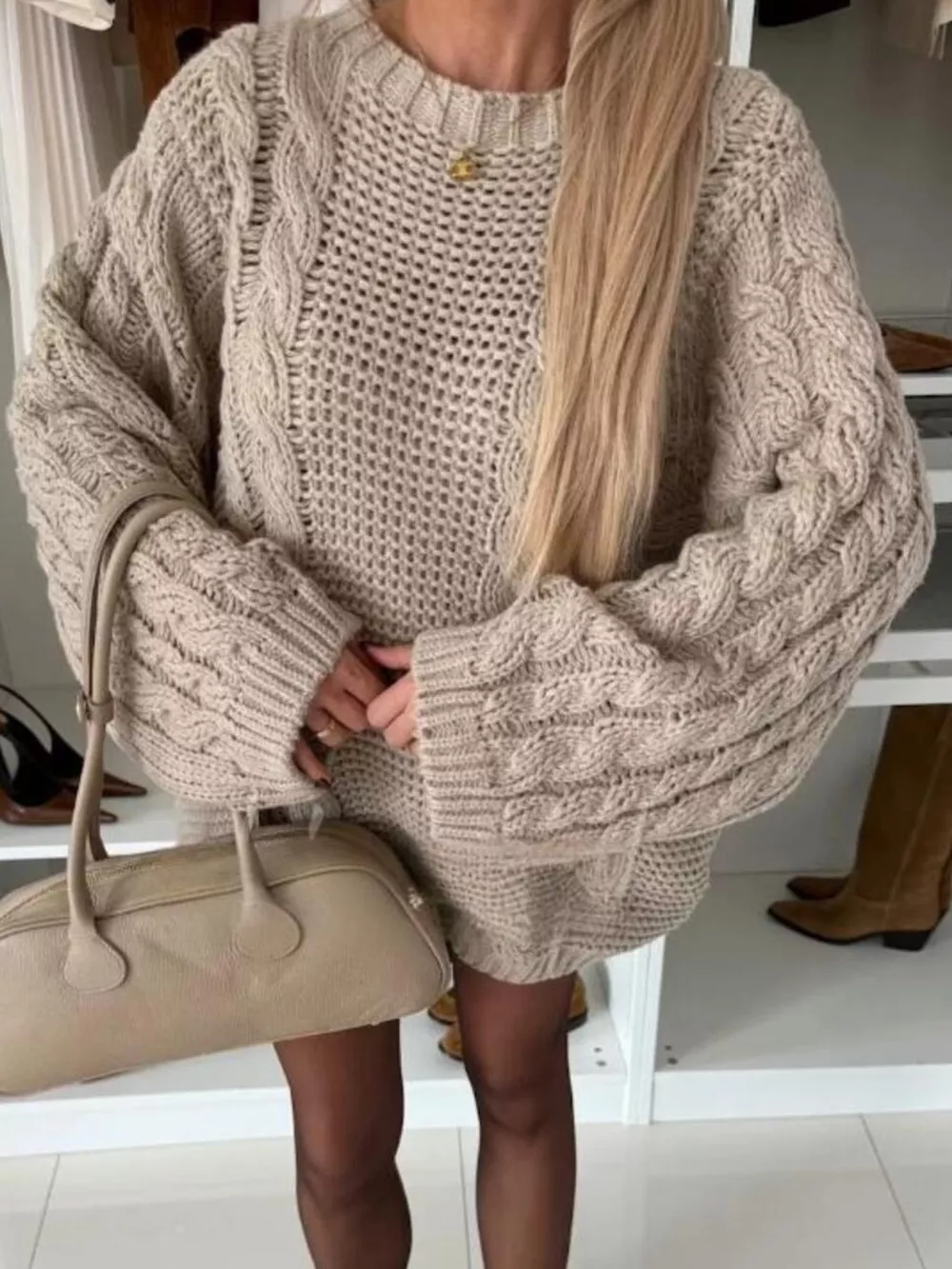 Cable Knit Round Neck Oversized Sweater, image 7