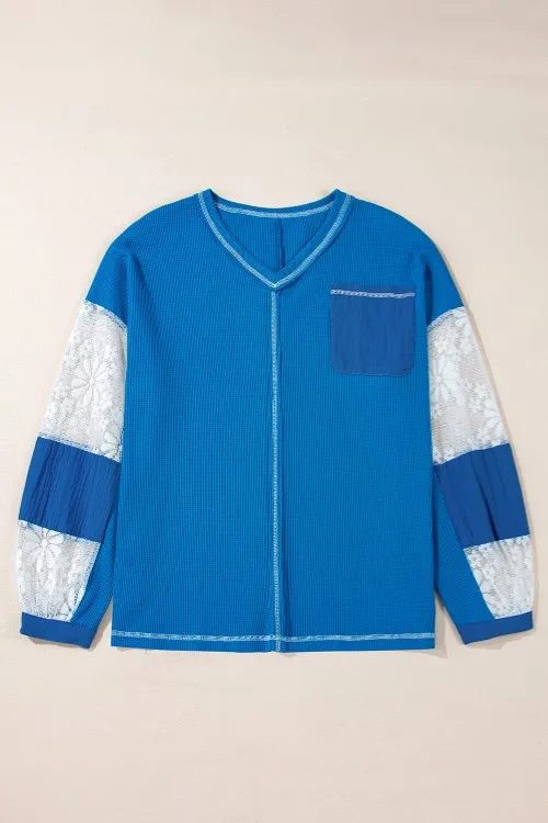 Lace Patchwork Sleeve Stitching V Neck Top, image 9