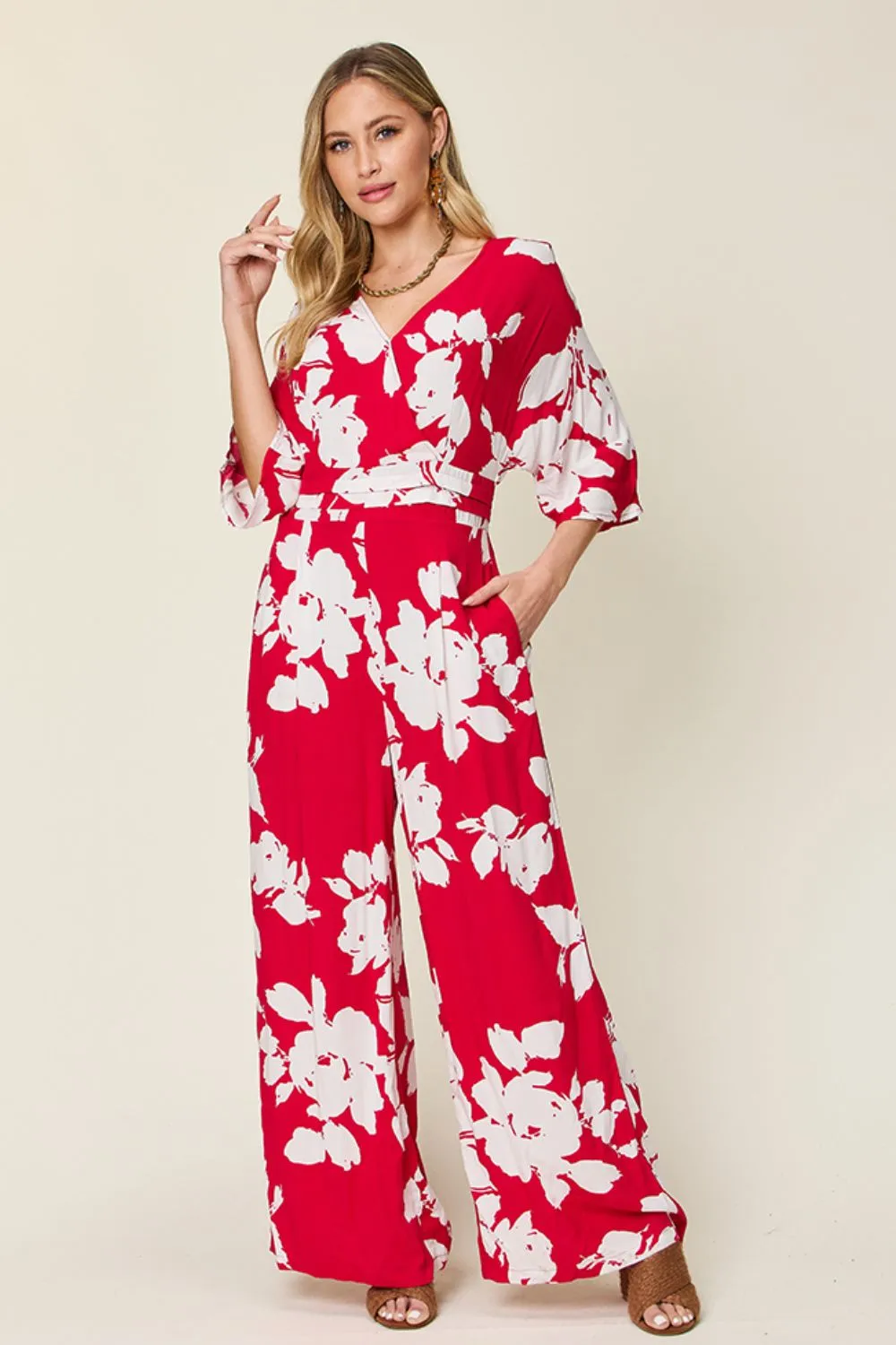 Full Size Printed Tie Back Wide Leg Jumpsuit