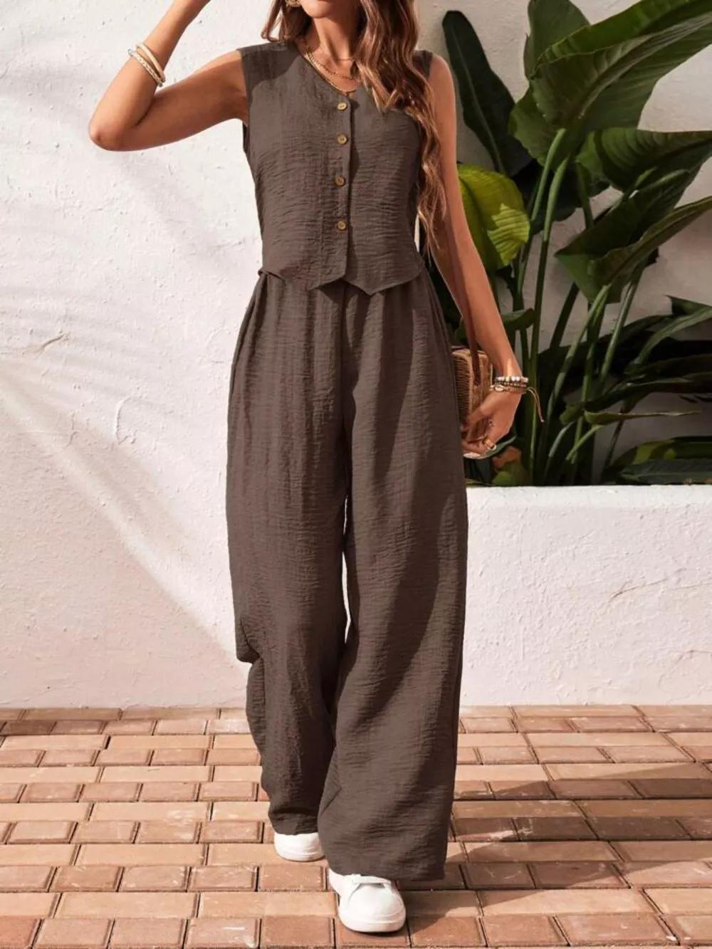Button-Down Vest & Wide Leg Pants Set, image 2
