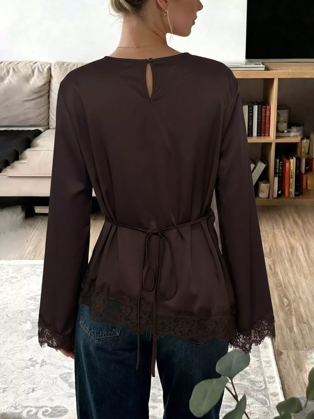 Lace Trim Long Sleeve Satin Blouse, image 6