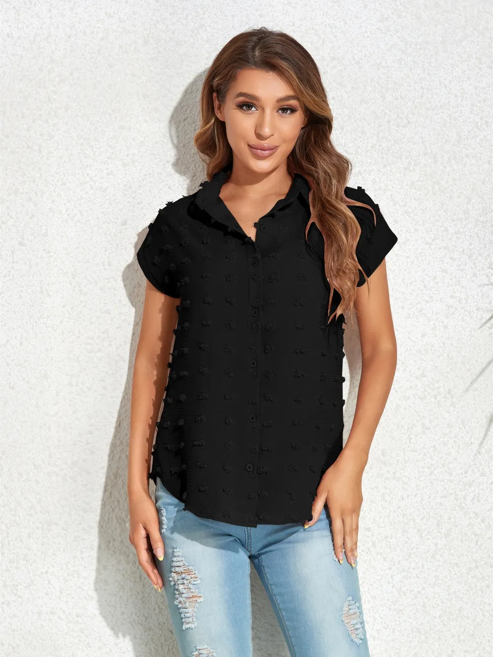 Swiss Dot Button Up Cap Sleeve Shirt, image 6