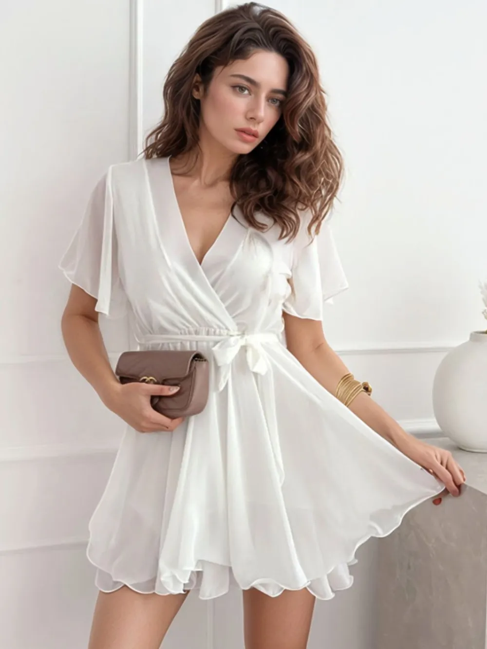 Surplice Flutter Sleeve Mini Dress, image 8