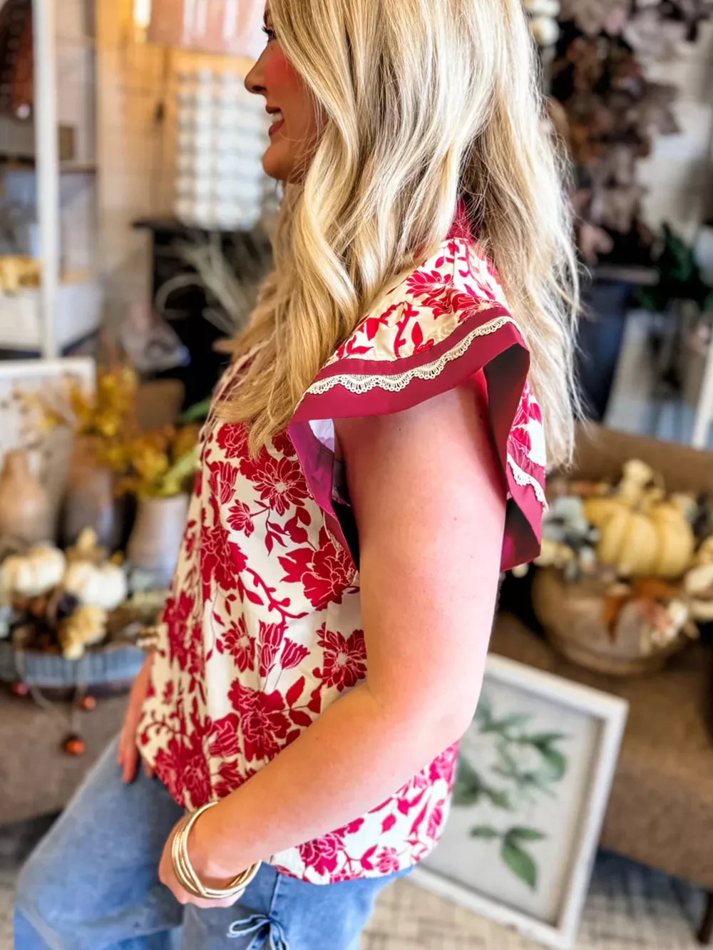 Floral Print Color Block Trim Lace Detail V Neck Flutter Sleeve Blouse, image 4
