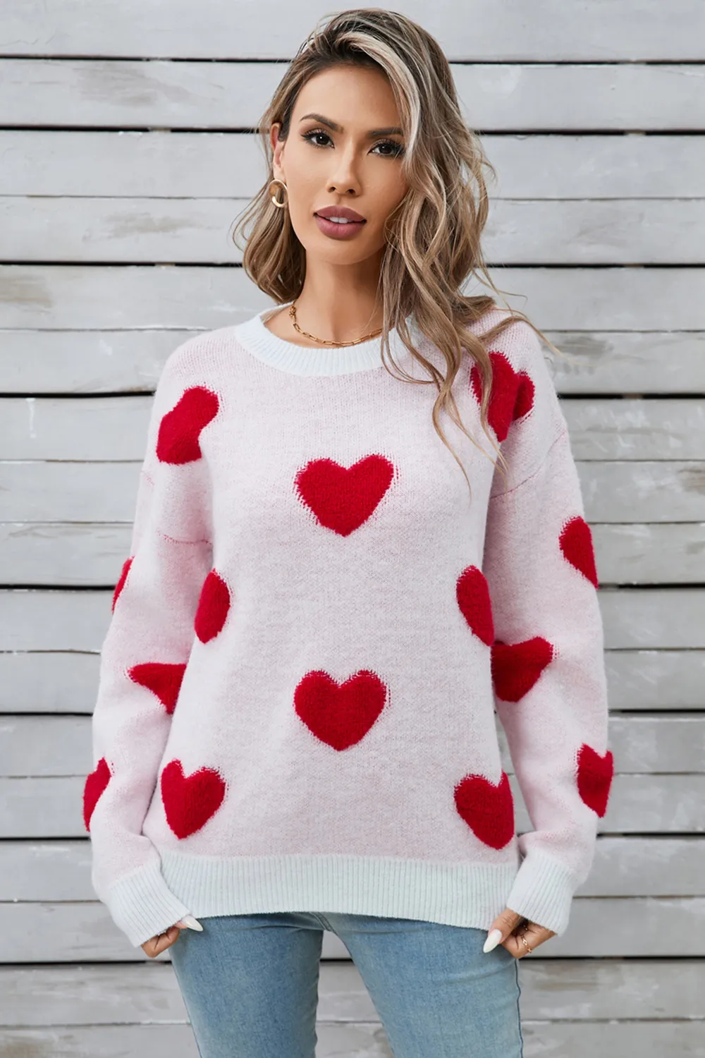 Heart Round Neck Long Sleeve Sweater, image 3