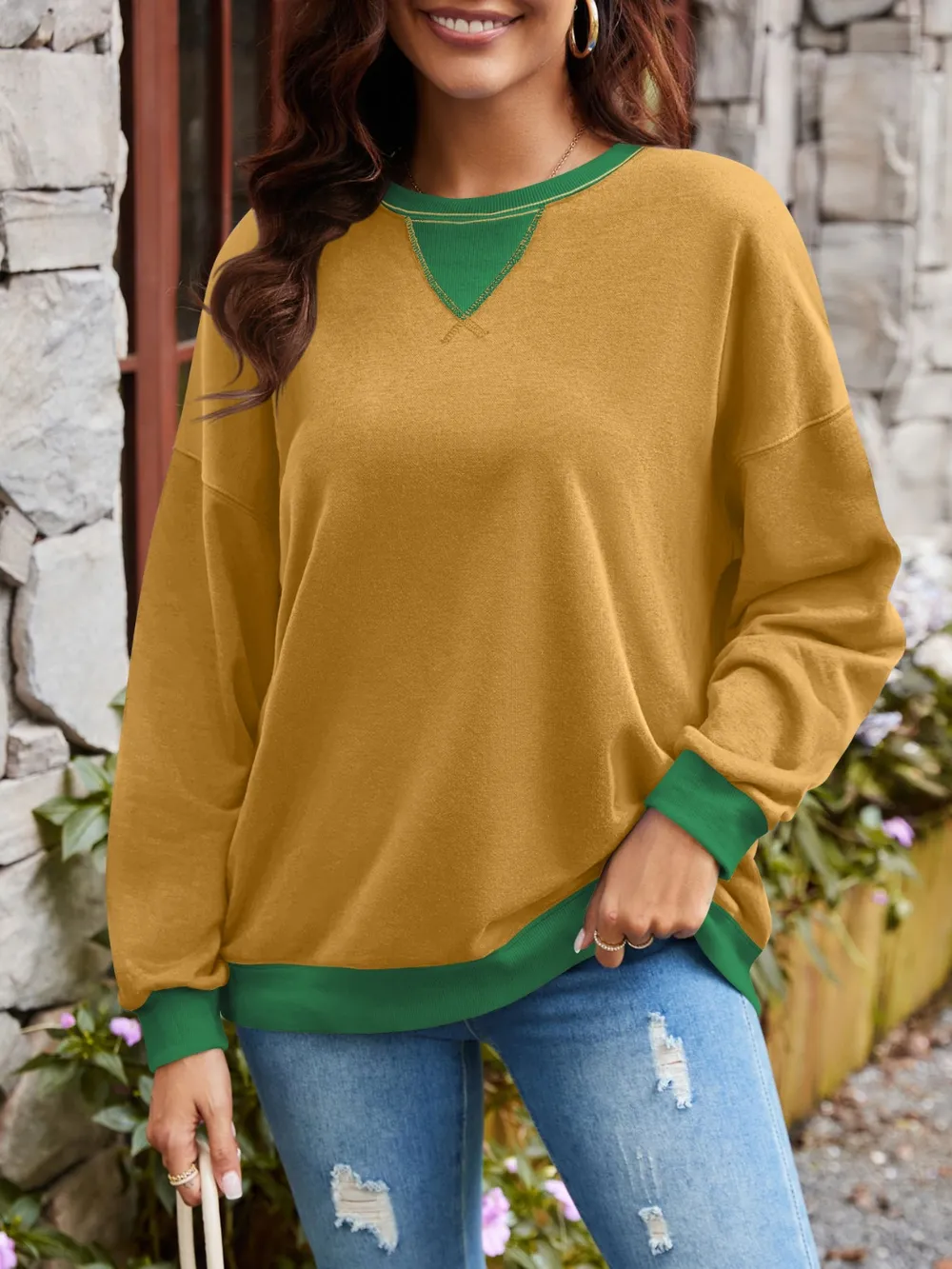 Contrast Round Neck Long Sleeve Sweatshirt, image 6