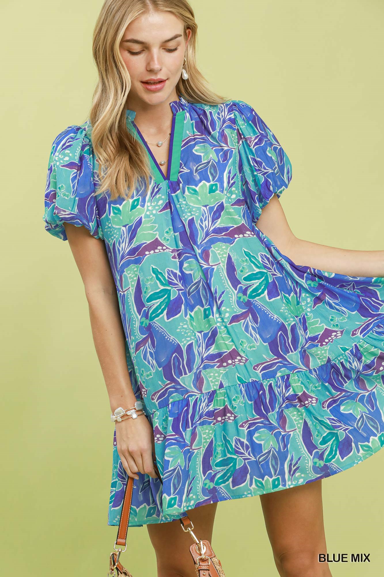 Tropical Floral Puff Sleeve Tiered Mini Dress